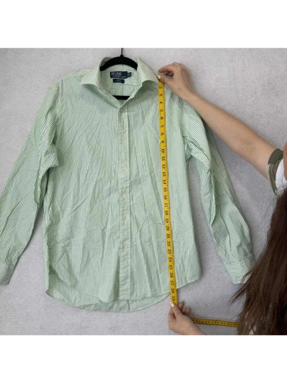 Polo Ralph Lauren Shirt Mens 15.5 Green Striped Custom Fit Long Sleeve Dress